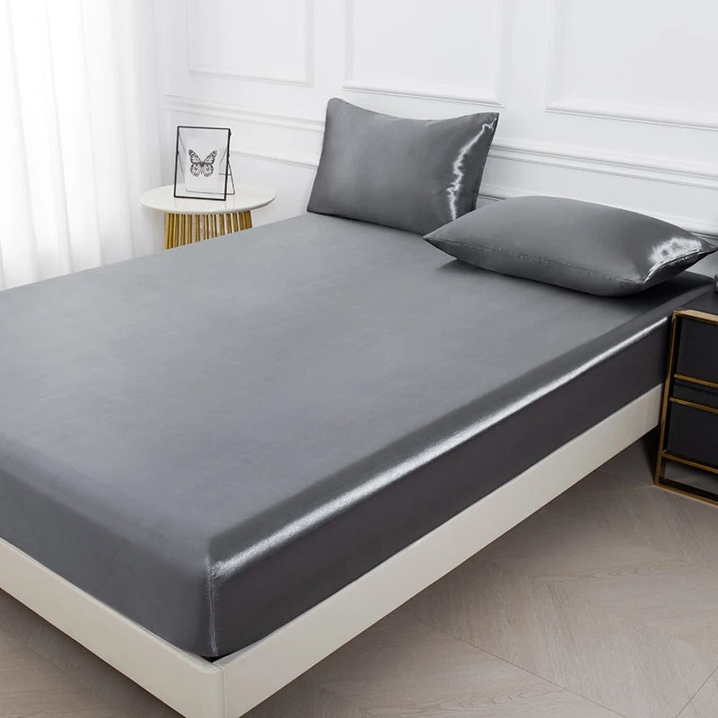 3PC Satin Fitted Sheet Set with Pillow Covers