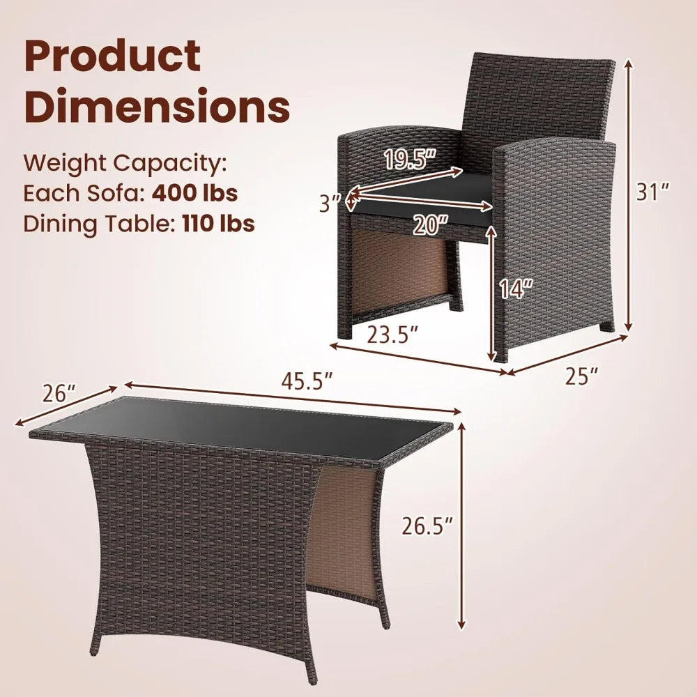 3-Piece Patio Wicker Dining Set – 2 Chairs & Glass Table with Cushions