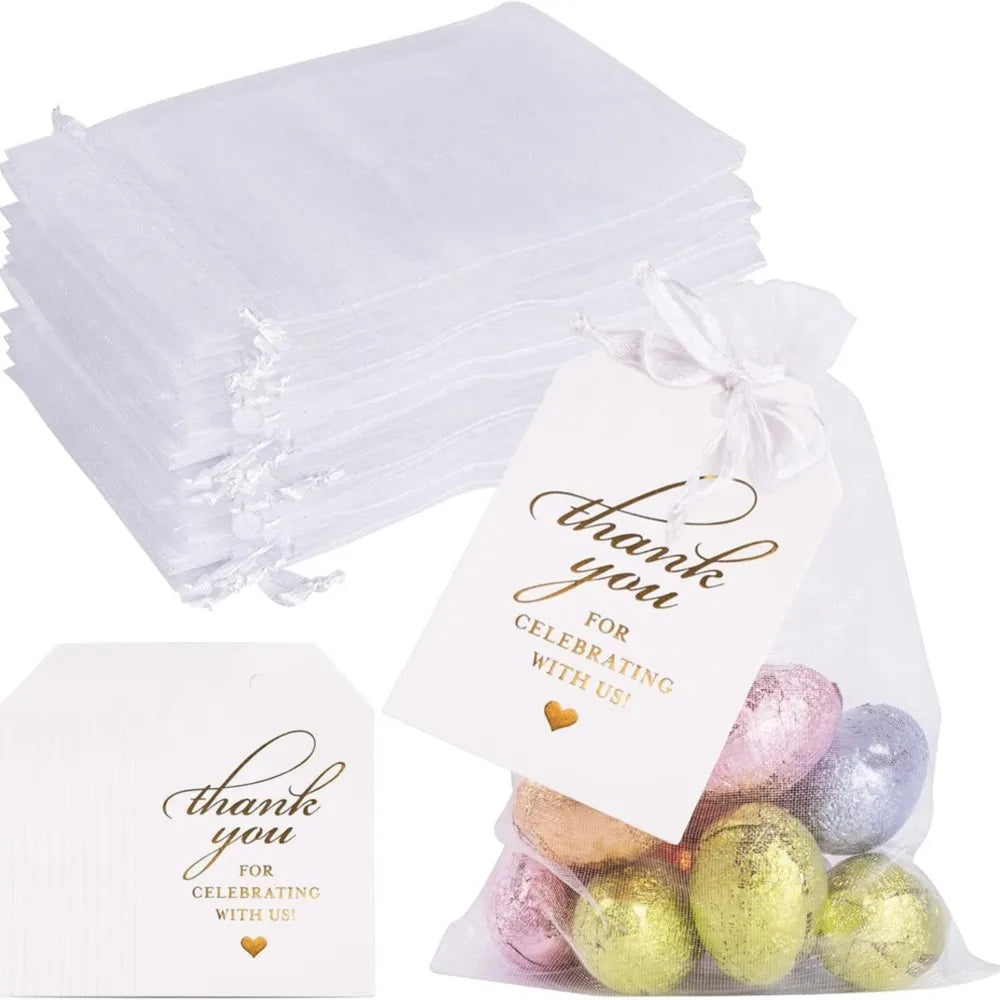 50 Pcs White Sheer Organza Gift Bags with Drawstring
