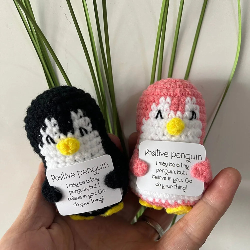 Handmade Knitted Penguin Doll with Positive Energy Card