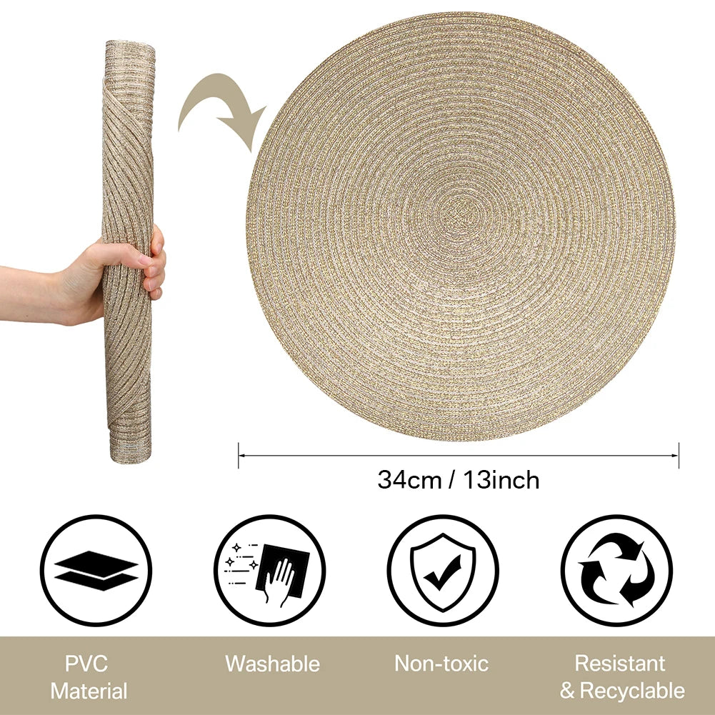 Set of 6 Round Braided Placemats – 34cm Washable Woven Heat-Resistant Table Mats
