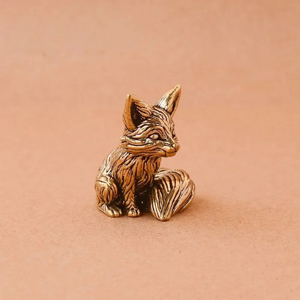 Brass Fox Statue – Miniature Copper Animal Figurine for Desk or Home Decor
