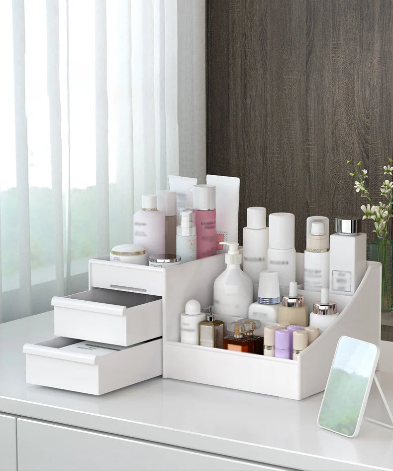 White Plastic Drawer Makeup Storage Box – Desktop Organizer for Cosmetics & Skincare