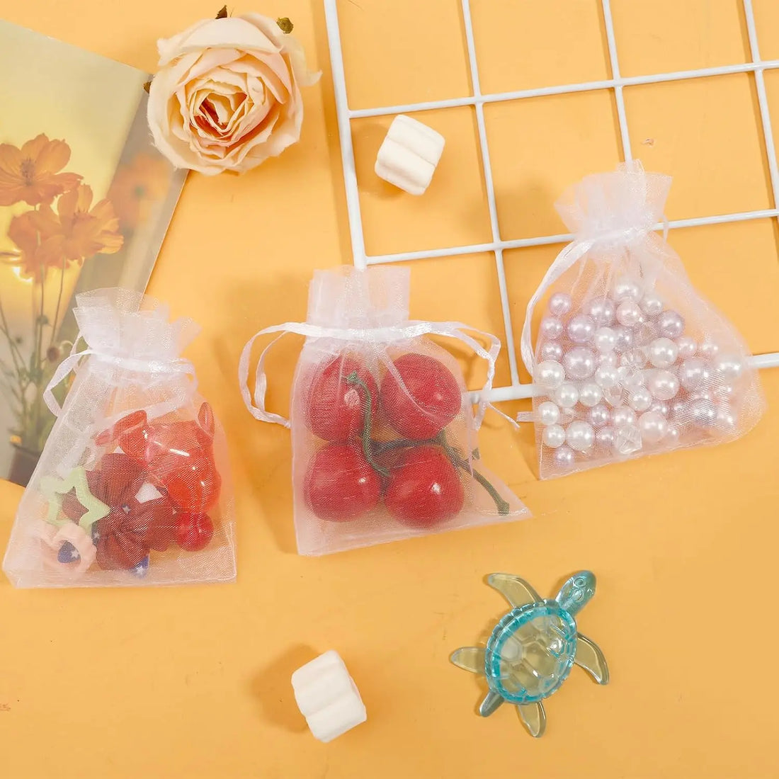 50 Pcs White Sheer Organza Gift Bags with Drawstring