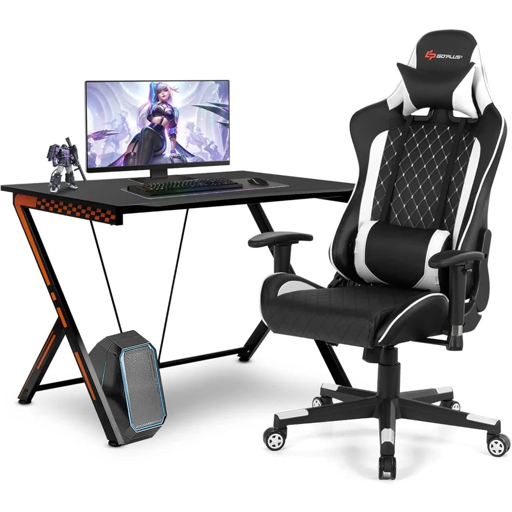 Gaming Desk & Chair Combo – Racing Style Workstation with Ergonomic High-Back Chair, Massage Lumbar Support & Headrest