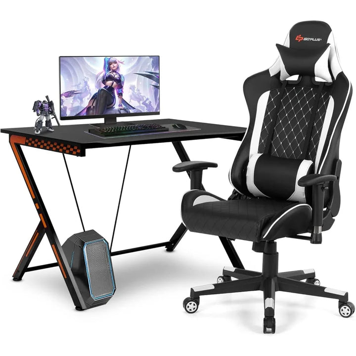 Gaming Desk & Chair Combo – Racing Style Workstation with Ergonomic High-Back Chair, Massage Lumbar Support & Headrest