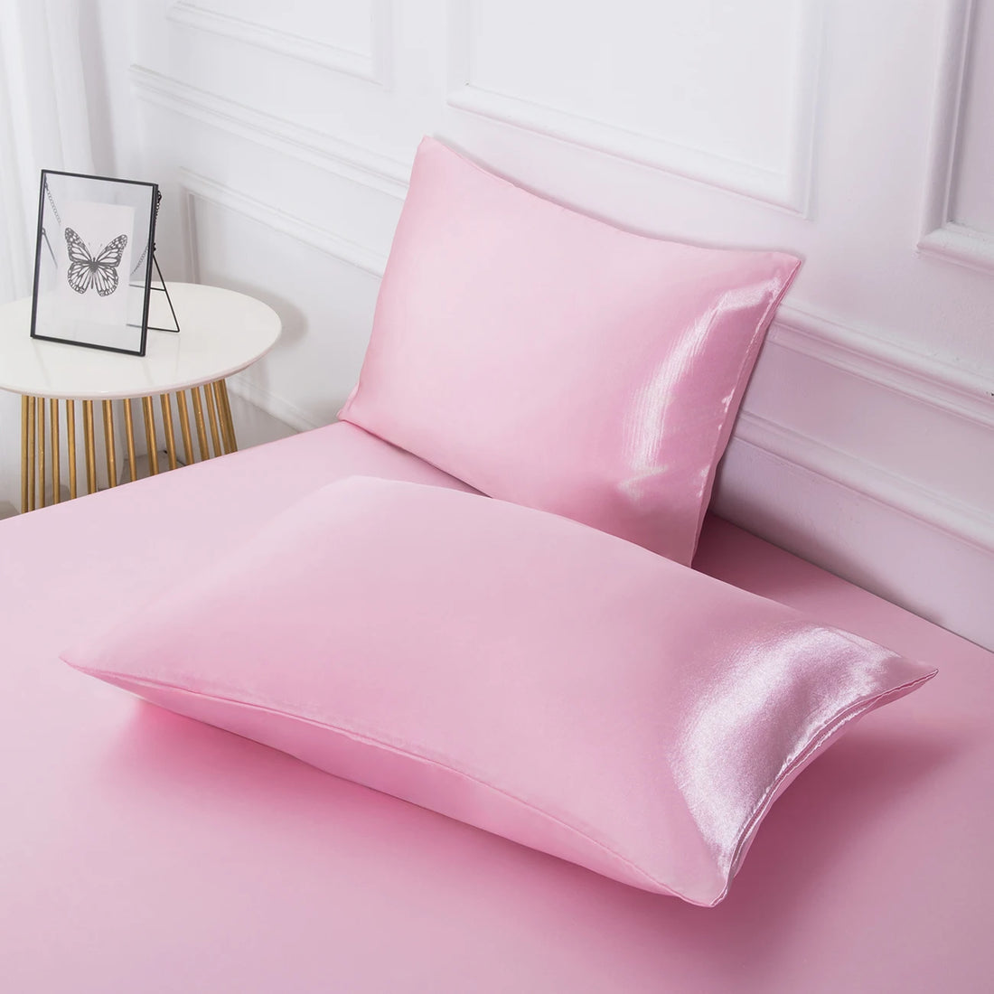 3PC Satin Fitted Sheet Set with Pillow Covers