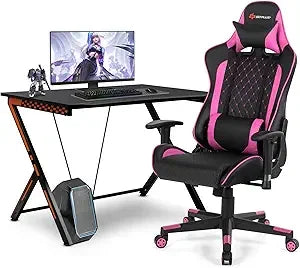 Gaming Desk & Chair Combo – Racing Style Workstation with Ergonomic High-Back Chair, Massage Lumbar Support & Headrest