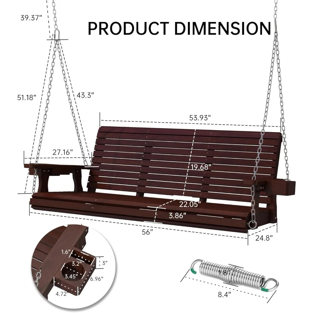 3-Seater Wooden Porch Swing – Heavy-Duty 880 lbs Capacity, 22" Deep Seat