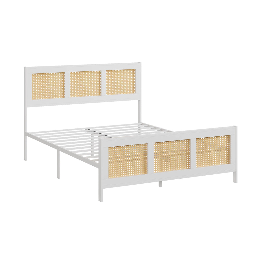 Queen Size Bohemian Rattan Platform Bed Frame with Headboard – Metal Slats, No Box Spring Needed