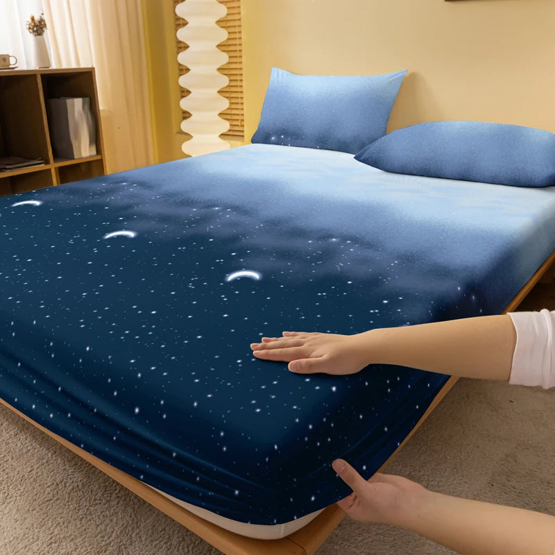 Starry Sky Printed Matte Fitted Sheet – Modern Bedroom Bedding (No Pillowcases)