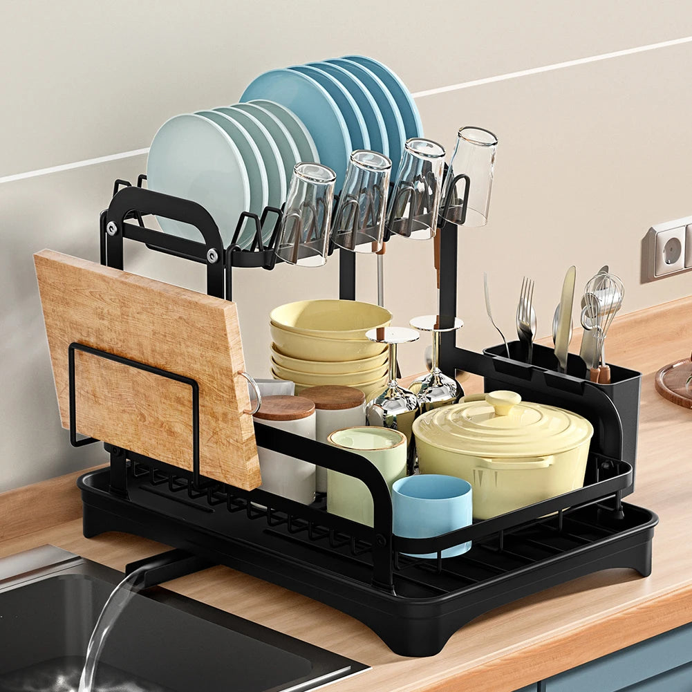 360° Rotating Double-Layer Kitchen Tableware Drying Rack