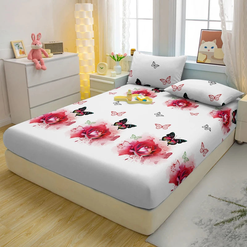 Modern Plant & Butterfly Printed Fitted Sheet – Matte Bed Cover (No Pillowcases)
