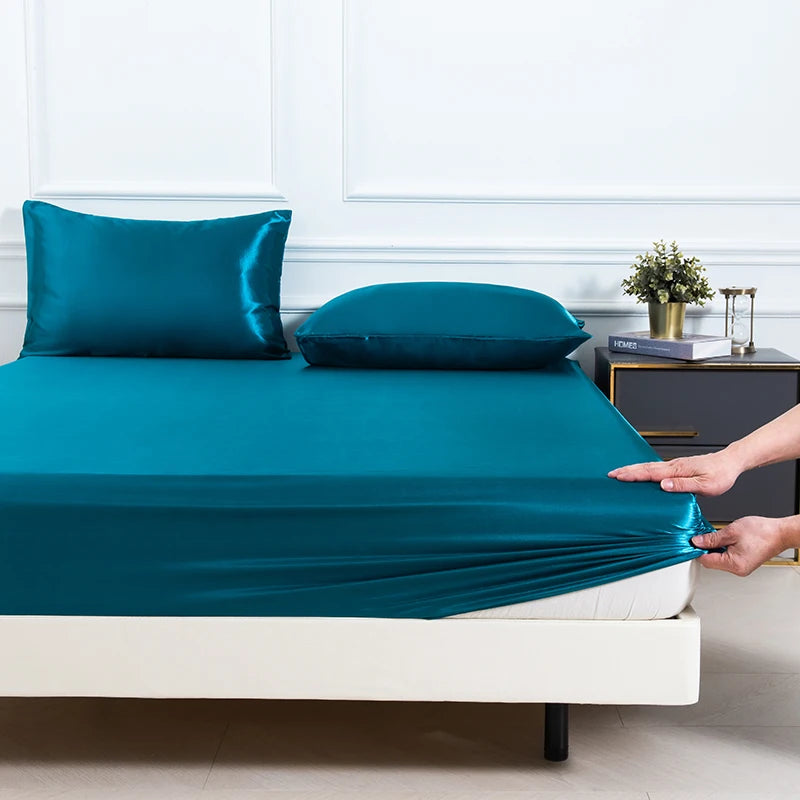3PC Satin Fitted Sheet Set with Pillow Covers