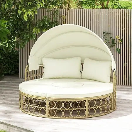 Round Wicker Outdoor Daybed with Canopy & Cushions
