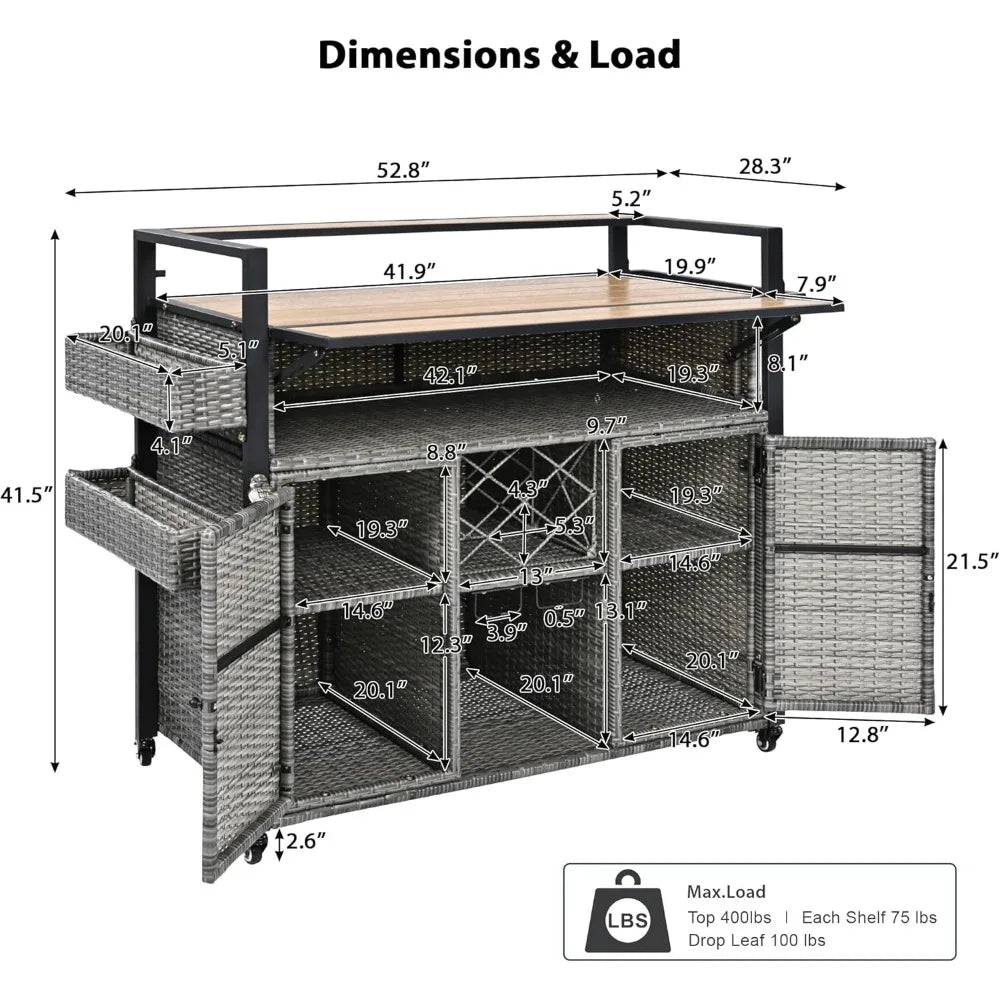 52.8" Wicker Outdoor Grill Cart with Storage & Rolling Tabletop