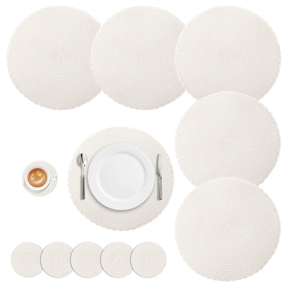 Set of 6 Round Braided Placemats – 34cm Washable Woven Heat-Resistant Table Mats