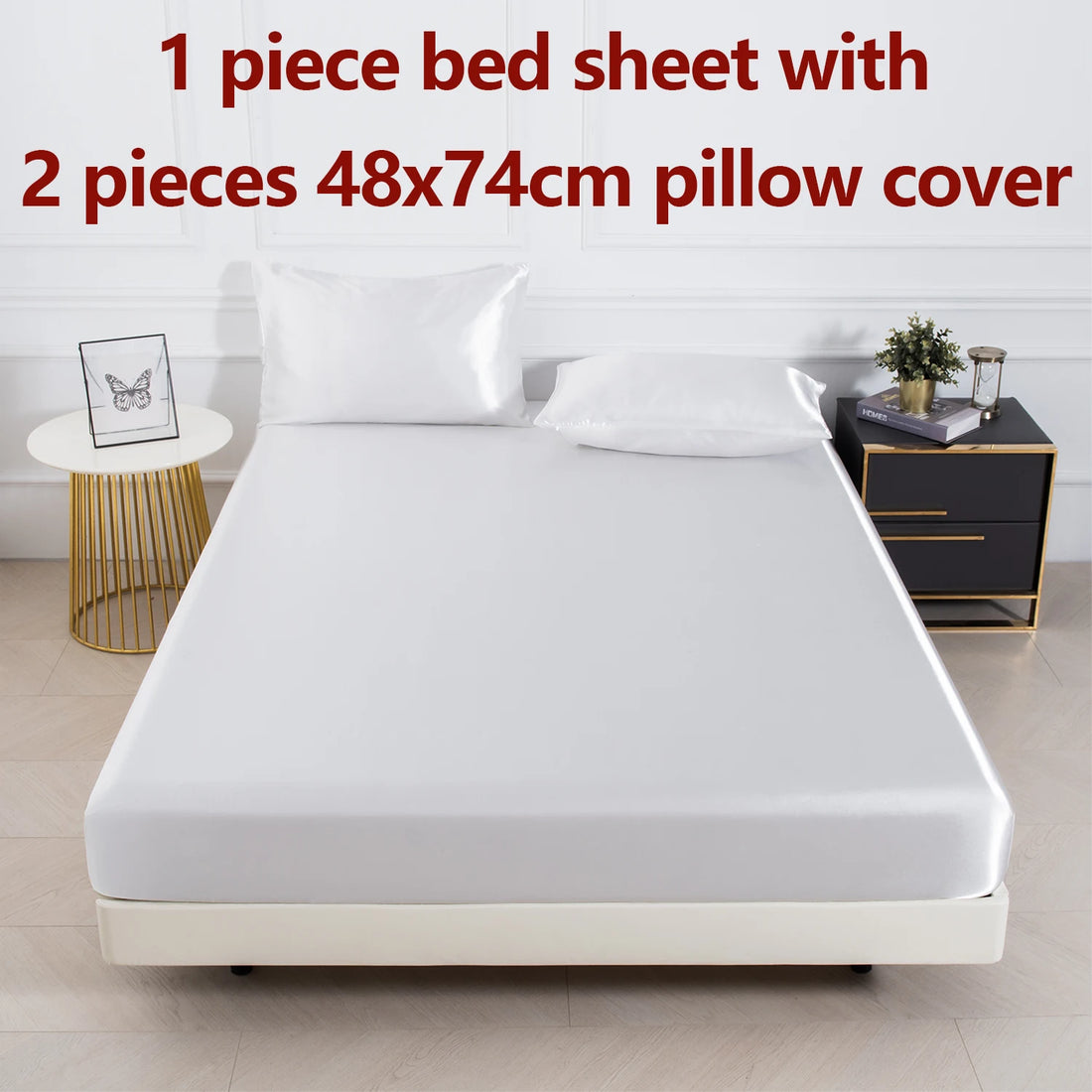 3PC Satin Fitted Sheet Set with Pillow Covers