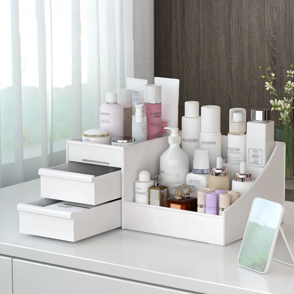 White Plastic Drawer Makeup Storage Box – Desktop Organizer for Cosmetics & Skincare