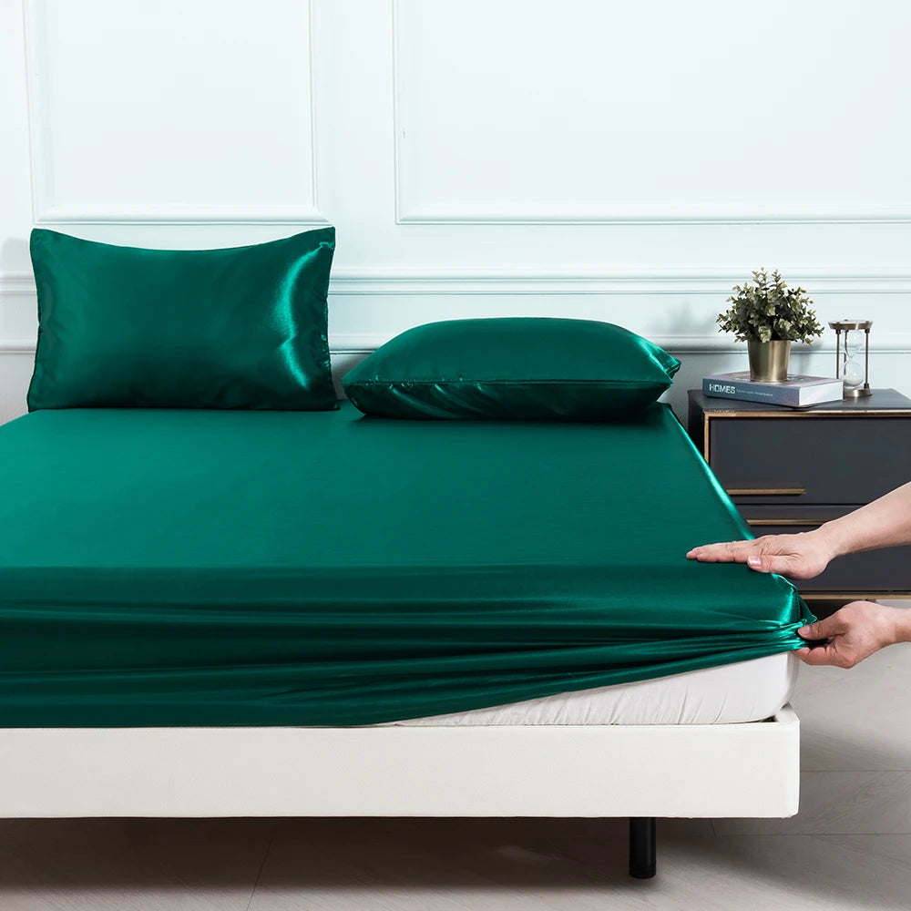 3PC Satin Fitted Sheet Set with Pillow Covers