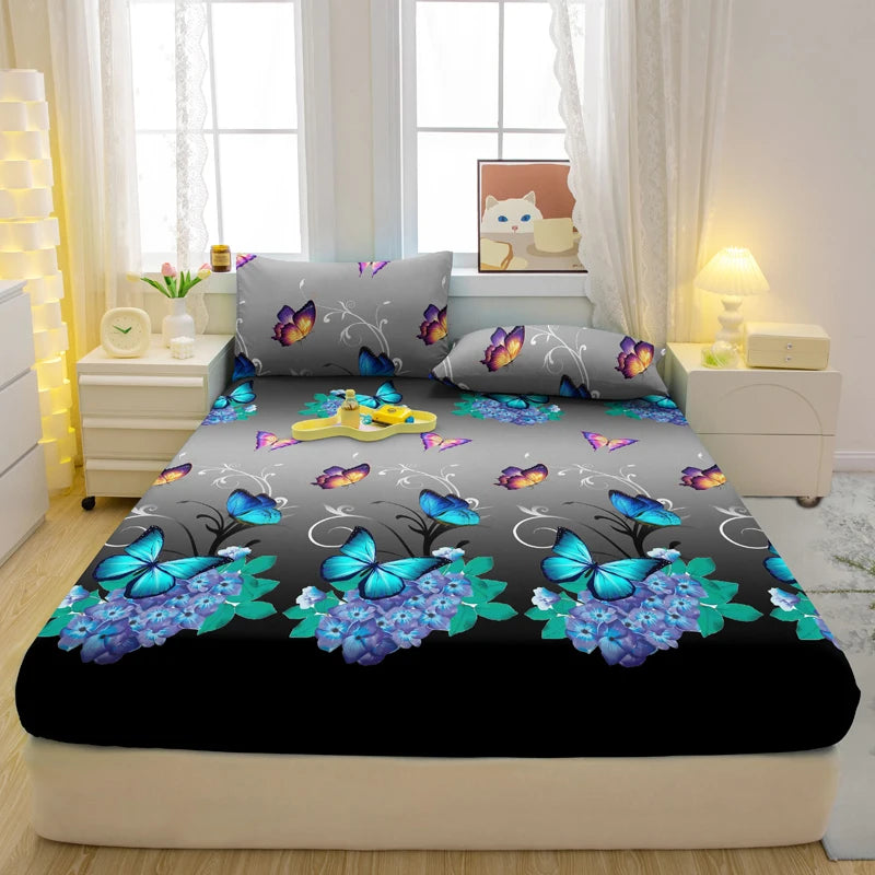 Modern Plant & Butterfly Printed Fitted Sheet – Matte Bed Cover (No Pillowcases)