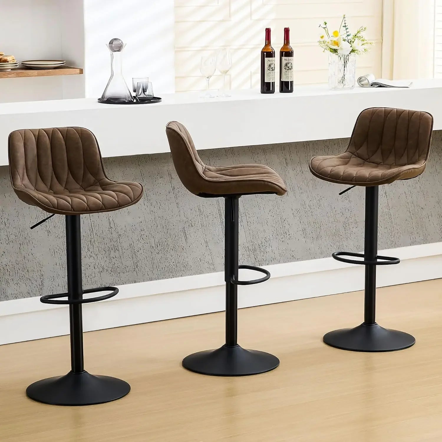 Set of 3 Modern Swivel Bar Stools – Adjustable Height, Brown Faux Leather