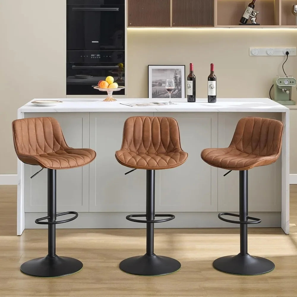 Set of 3 Modern Swivel Bar Stools – Adjustable Height, Brown Faux Leather