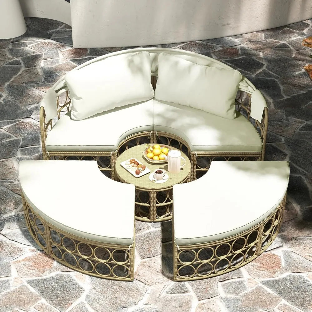 Round Wicker Outdoor Daybed with Canopy & Cushions