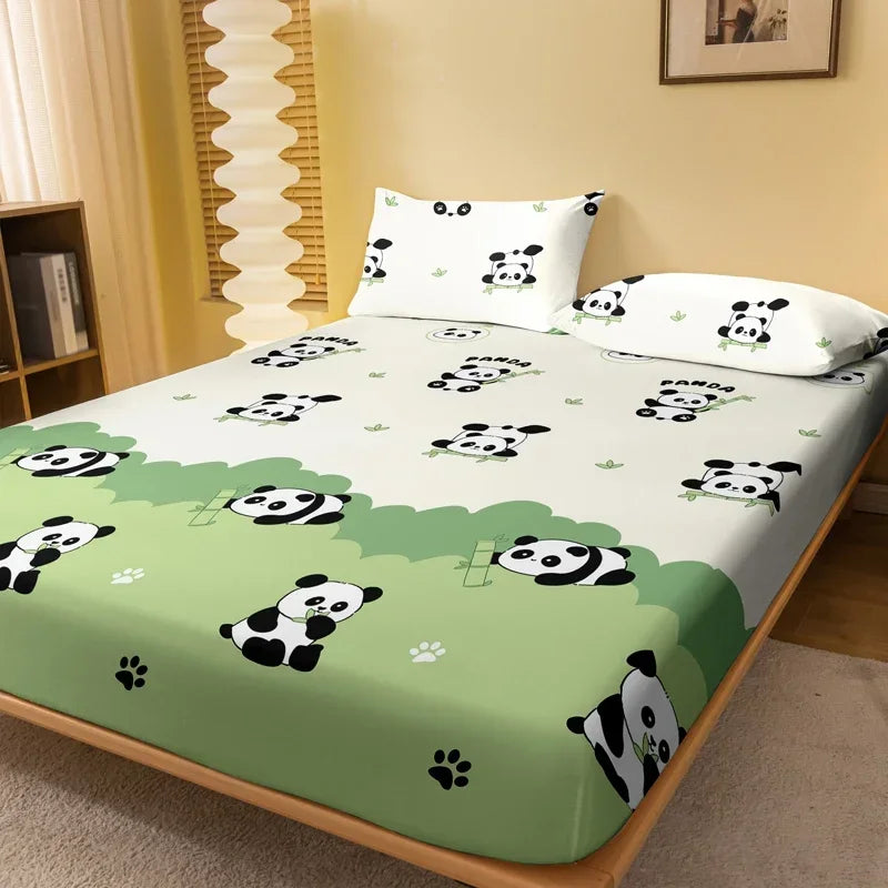 1pc Cute Panda & Flower Print Matte Fitted Sheet – Bedroom Bed Cover (No Pillowcases)
