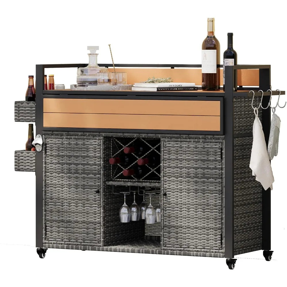 52.8" Wicker Outdoor Grill Cart with Storage & Rolling Tabletop