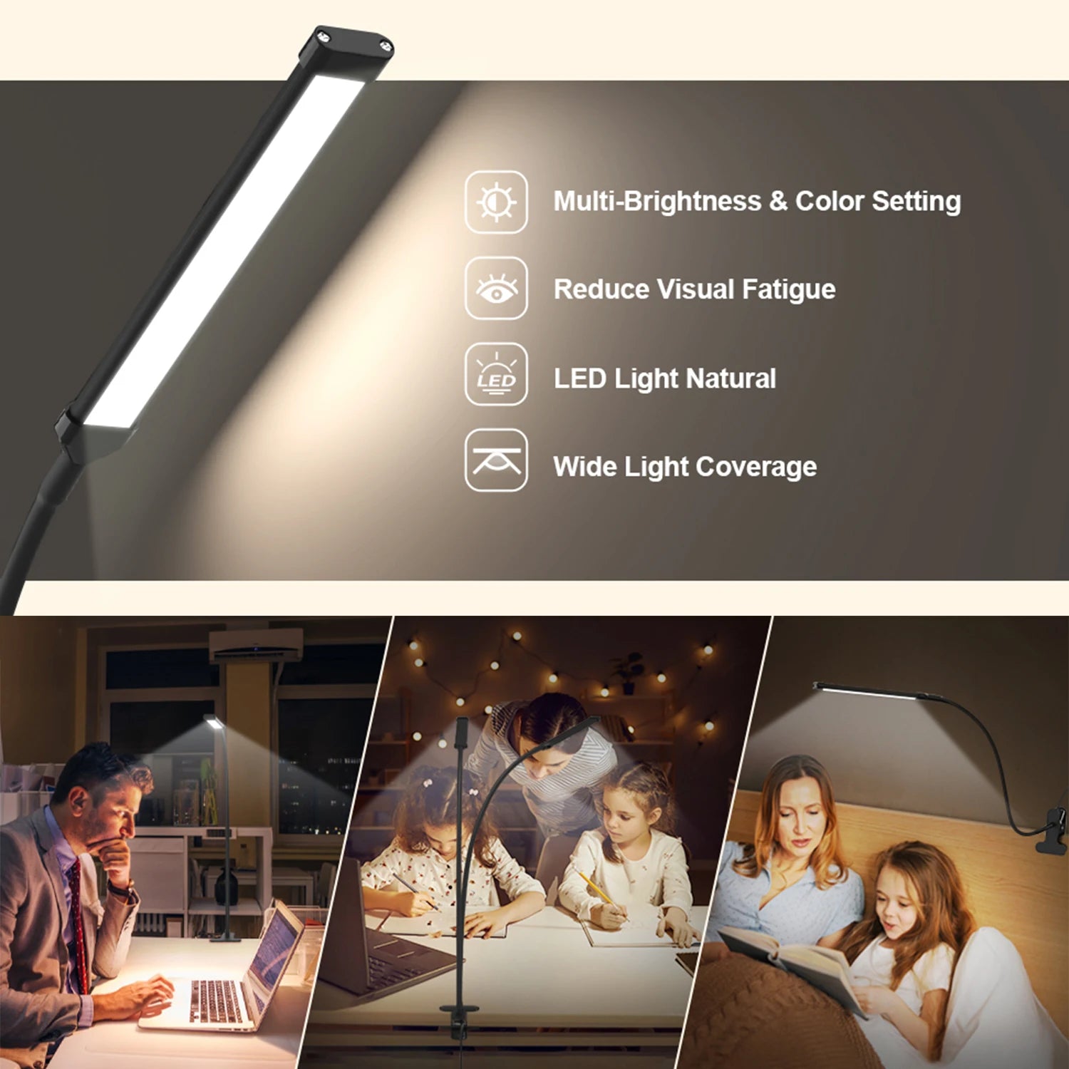 10W LED Clamp Desk Lamp – Dimmable Clip-On Reading Light with 3 Modes & 10 Brightness Levels, USB