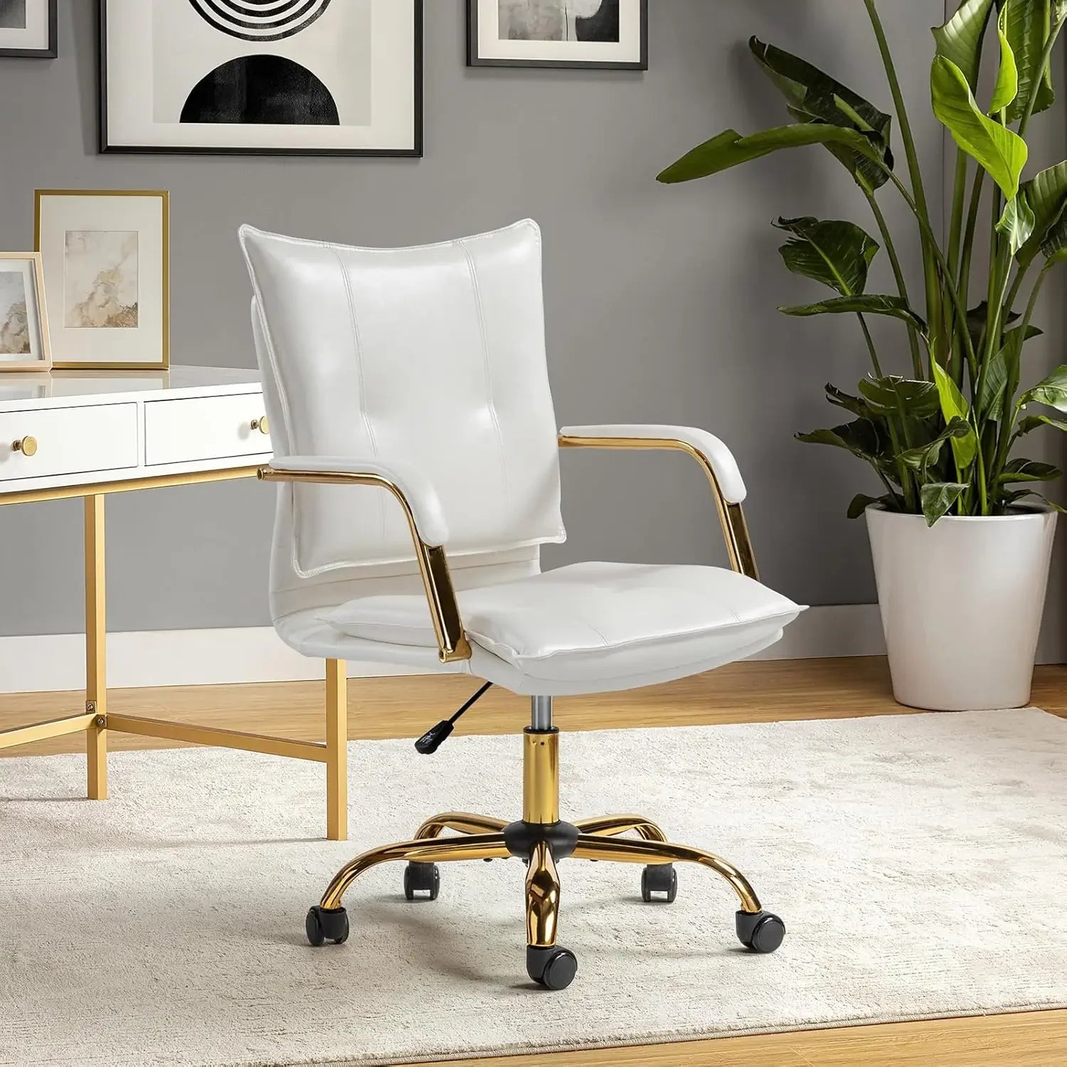 Adjustable Upholstered Home Office Chair with Golden Legs & Arms