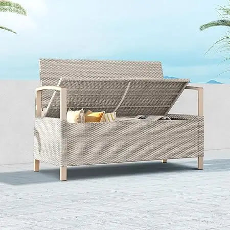 Wicker Outdoor Storage Bench with Cushion & Waterproof Liner