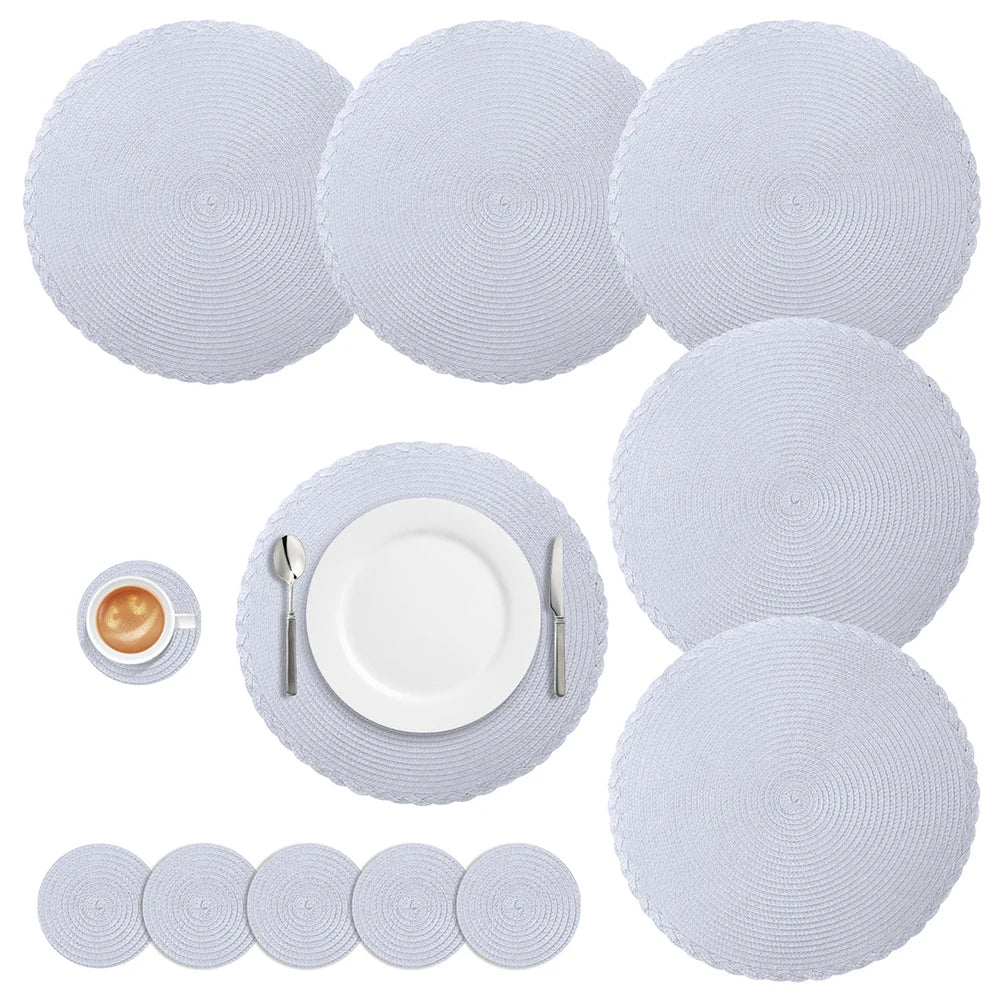 Set of 6 Round Braided Placemats – 34cm Washable Woven Heat-Resistant Table Mats