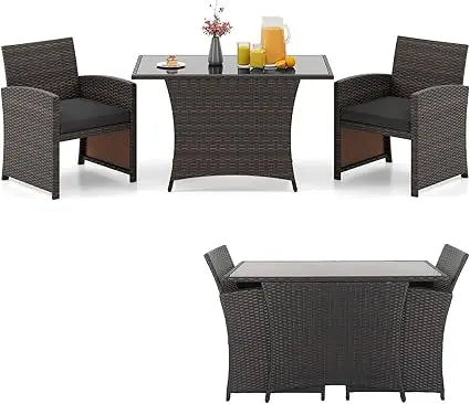 3-Piece Patio Wicker Dining Set – 2 Chairs & Glass Table with Cushions