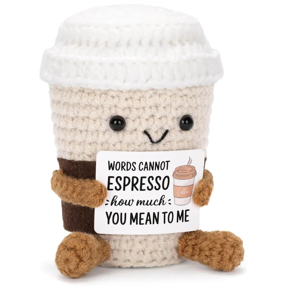 Handmade Crochet Emotional Support Coffee Doll – Funny Desktop Ornament & Gift