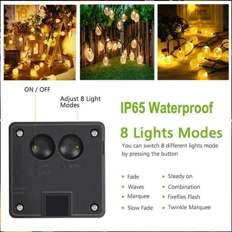 Solar Crystal Fairy String Lights – 8 Modes Waterproof Outdoor Garland