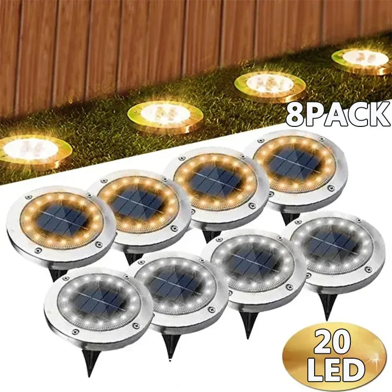 8/20 LED Solar Disk Lights for Garden & Pathway