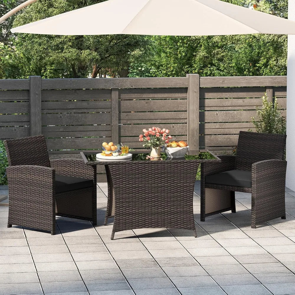 3-Piece Patio Wicker Dining Set – 2 Chairs & Glass Table with Cushions
