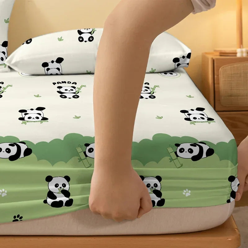 1pc Cute Panda & Flower Print Matte Fitted Sheet – Bedroom Bed Cover (No Pillowcases)