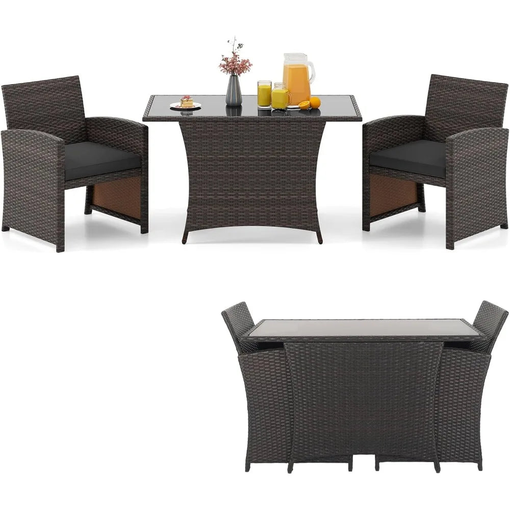 3-Piece Patio Wicker Dining Set – 2 Chairs & Glass Table with Cushions