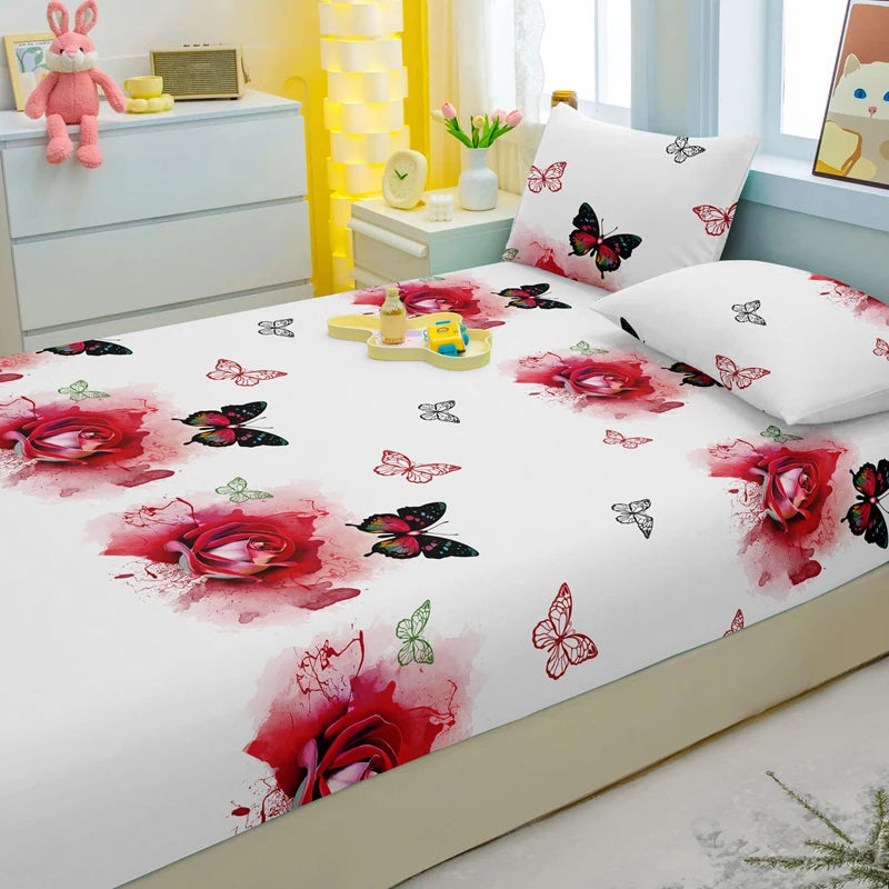 Modern Plant & Butterfly Printed Fitted Sheet – Matte Bed Cover (No Pillowcases)