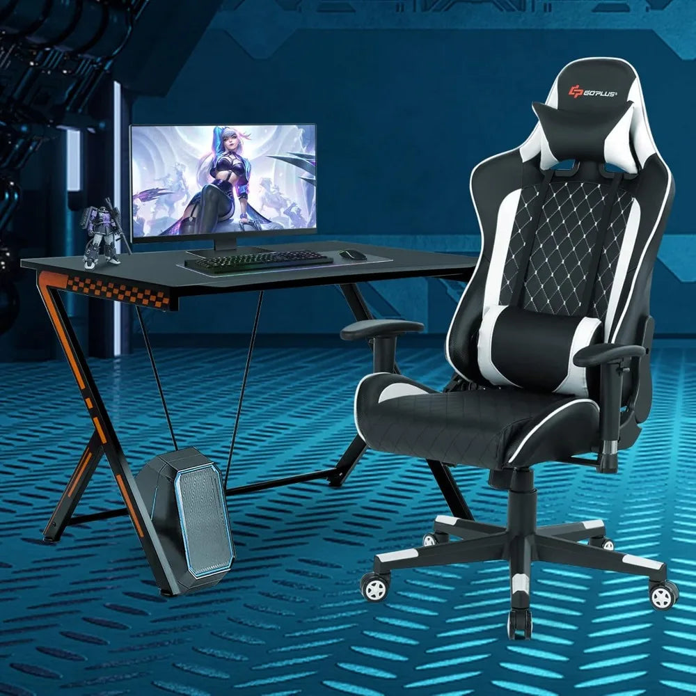 Gaming Desk & Chair Combo – Racing Style Workstation with Ergonomic High-Back Chair, Massage Lumbar Support & Headrest