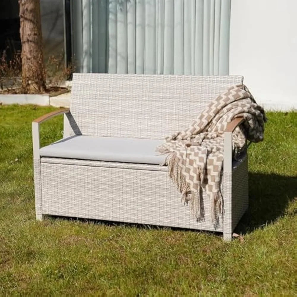 Wicker Outdoor Storage Bench with Cushion & Waterproof Liner