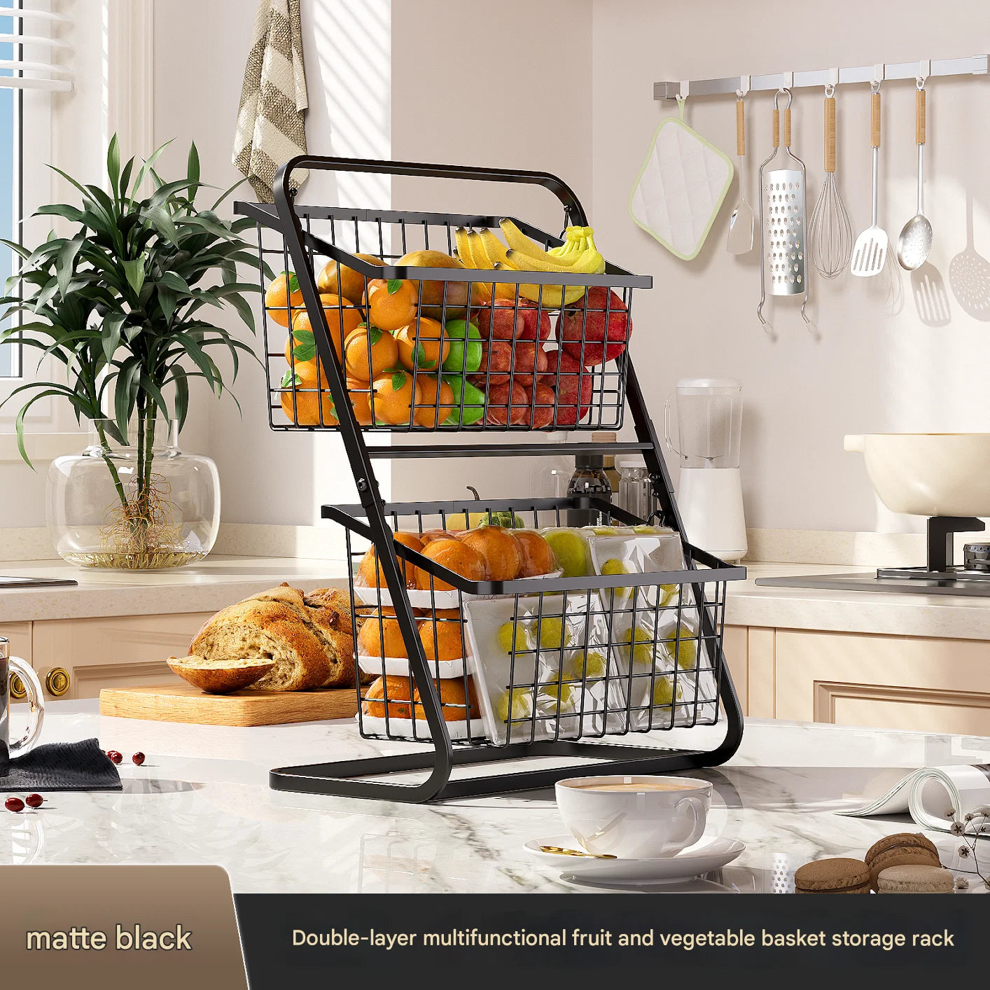 Black Multi-Layer Kitchen Vegetable & Fruit Storage Rack – Floor-to-Ceiling Organizer