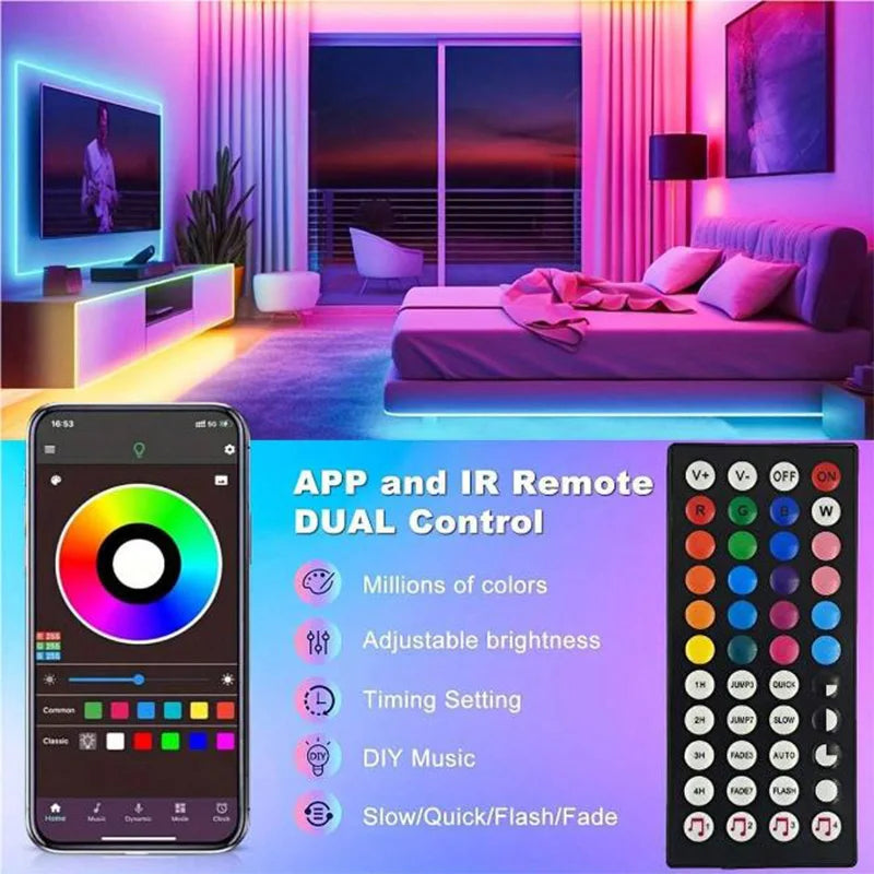 RGB LED Strip Lights – 5m/10m/20m/30m Flexible Tape with APP Control for Bedroom & Home Décor