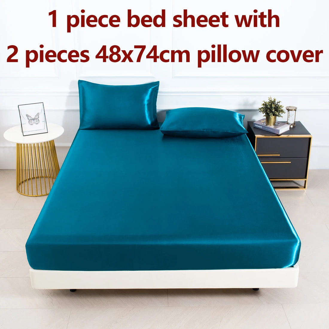 3PC Satin Fitted Sheet Set with Pillow Covers