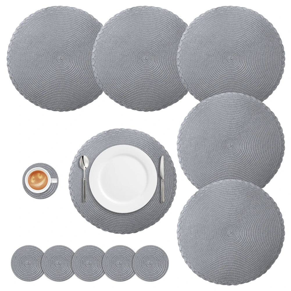 Set of 6 Round Braided Placemats – 34cm Washable Woven Heat-Resistant Table Mats